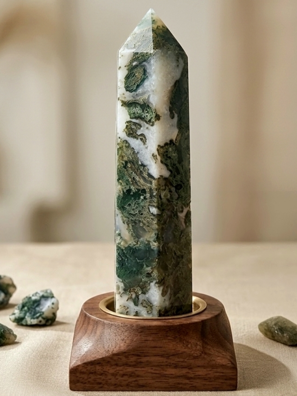 Natural Moss Agate Obelisk - 3" 100 grams Crystal Tower for Healing, Meditation